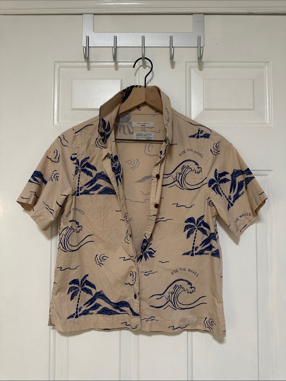 Nudie Jeans Beige Short-Sleeve Button-Down with Navy Wave & Palm Print